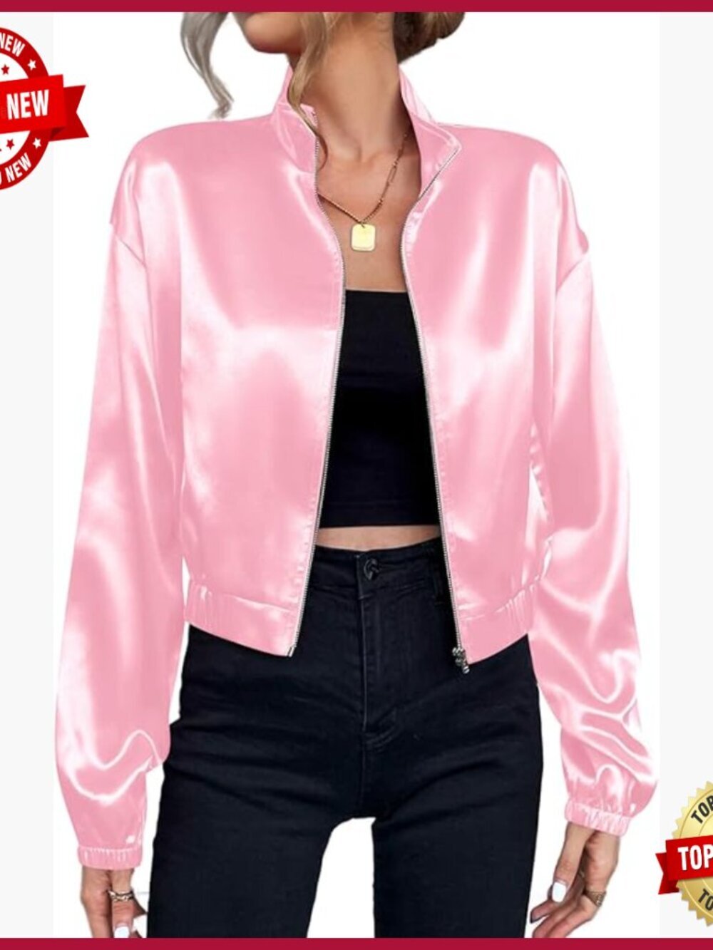 Satin Bomber Jacket Lightweight Drop Shoulder Zip Up Casual Outerwear
